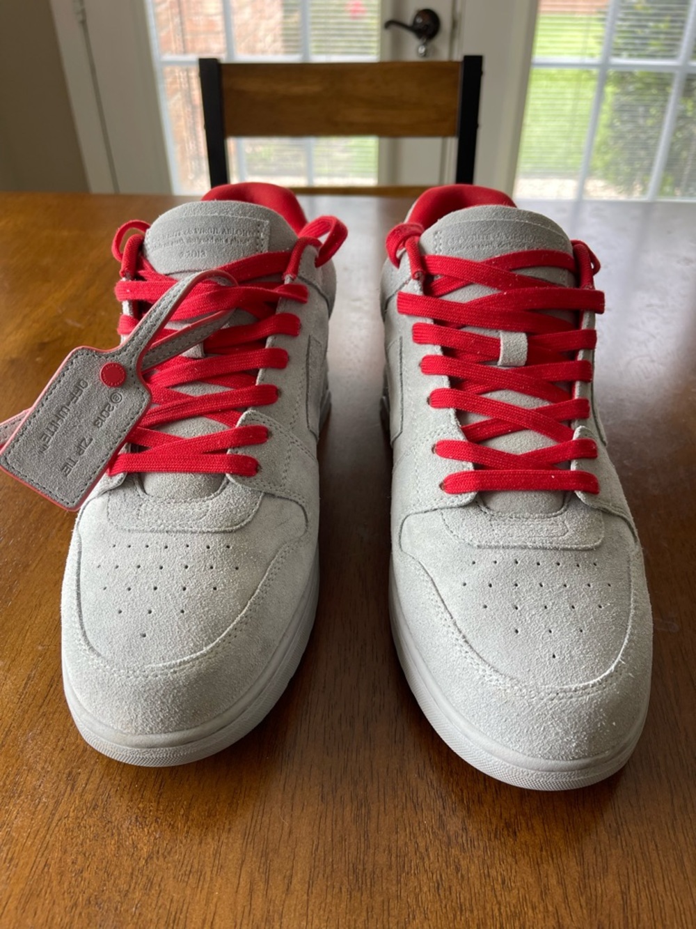 Off-White Men's Suede Low-Top Sneakers in Light Gray with Red Accents